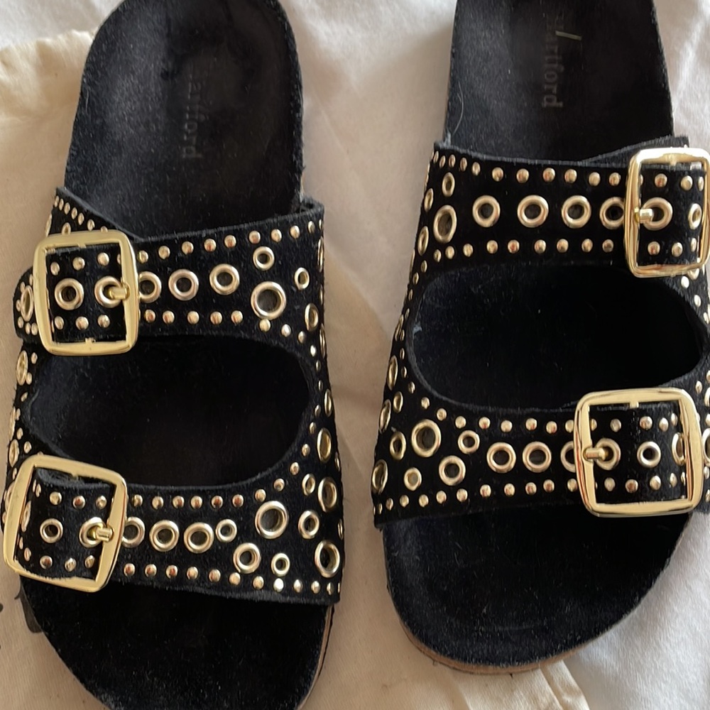 Hartford Black Suede Double Buckle Sandals with Gold Studs